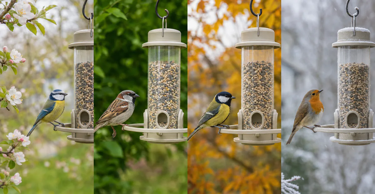 Derselbe funktionsfähige Futtersilo mit Gartenvögeln im Frühling, Sommer, Herbst und Winter