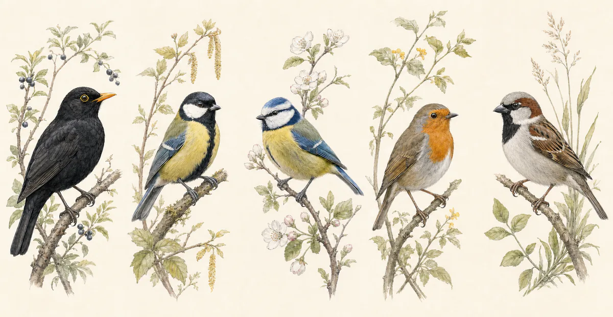 Naturkundliche Illustration von Amsel, Kohlmeise, Blaumeise, Rotkehlchen und Haussperling