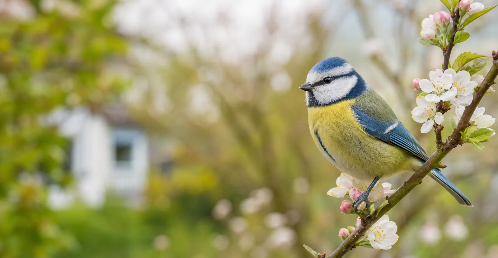 Blaumeise auf einem blühenden Zweig